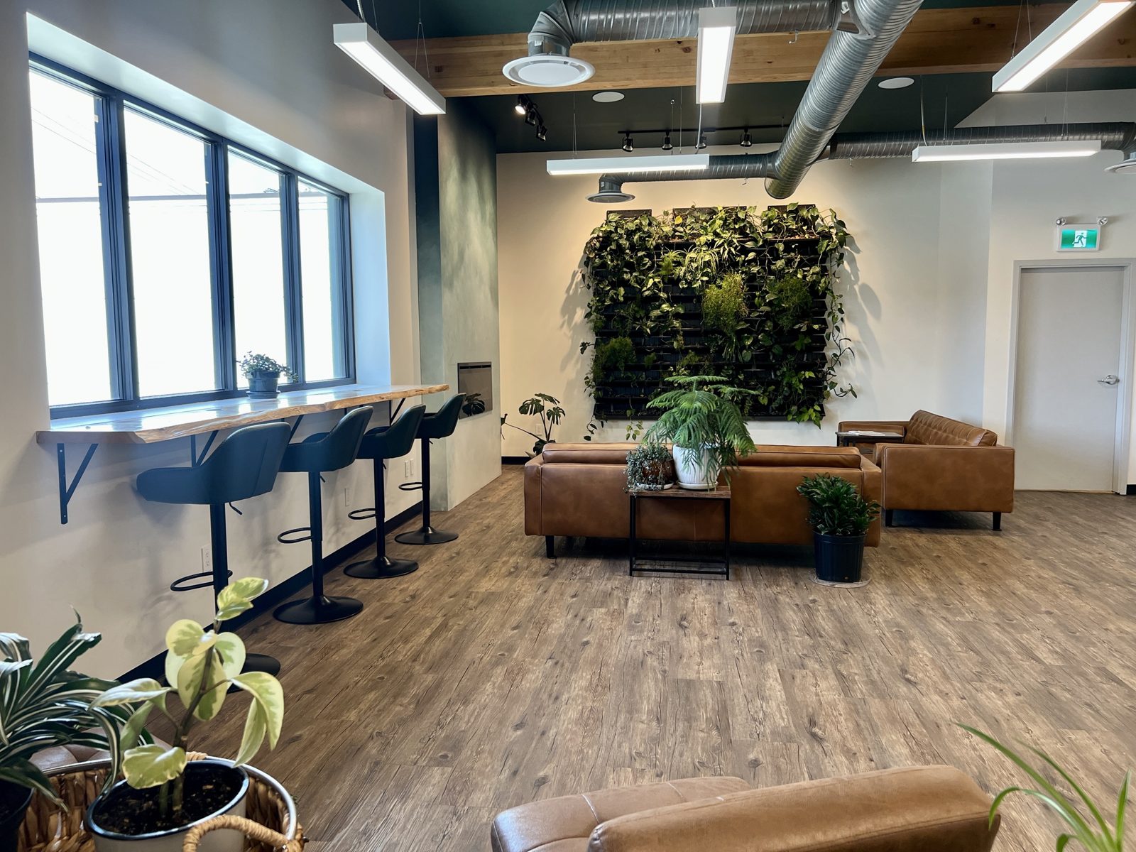 Common space with leather sofas, a living plant wall and a window work bar